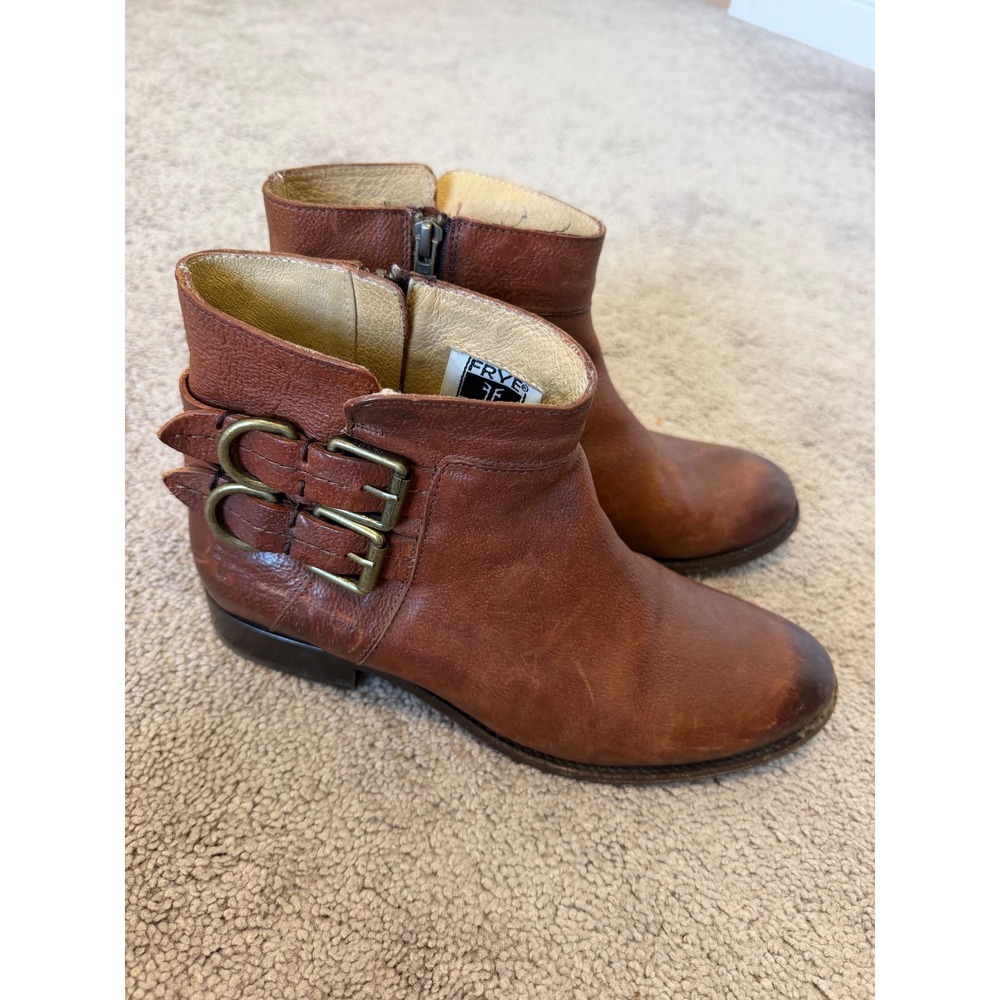 Frye Tabitha Harness Ankle Boots Brown Leather Buckle Zip 3472102-C 8.5B